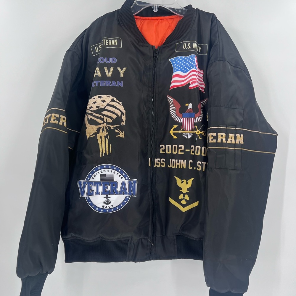 U.S. Navy veteran-themed bomber jacket various patriotic patches emblems. 2XL